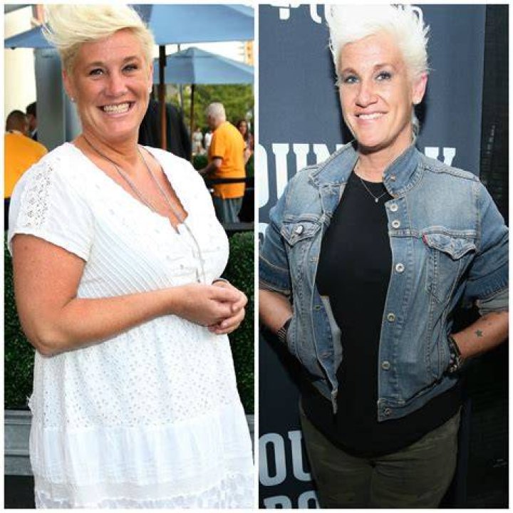 Anne Burrell before her weight loss journey (L). Anne, after her weight transformation (R) Anne Burrell before her weight loss journey (L). Anne, after her weight transformation (R)
